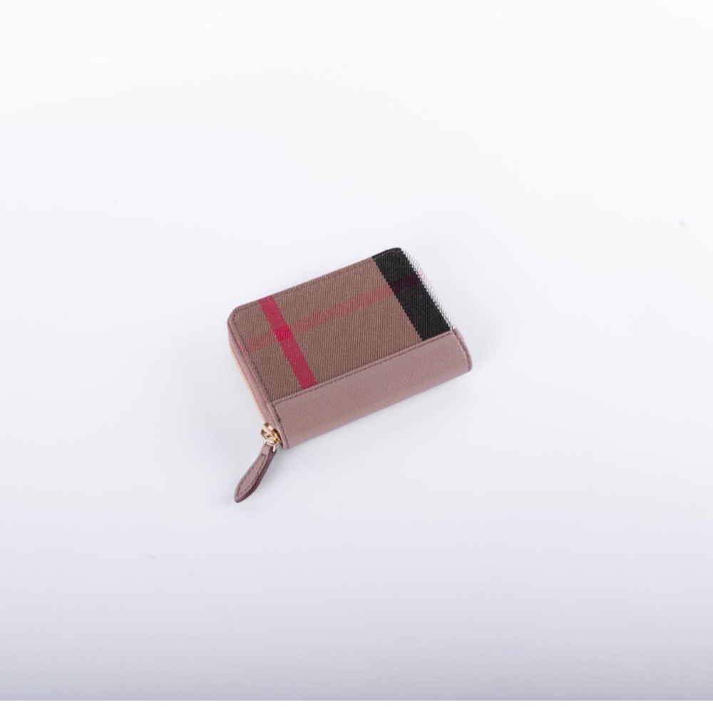 Burberry Taupe and Red Key Card Holder Sleek Design